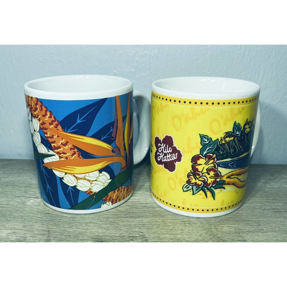 Vintage Set 2 Oahu Hawaii Souvenir Mugs Cups Hilo Hattie Diamond Head Hibiscus
